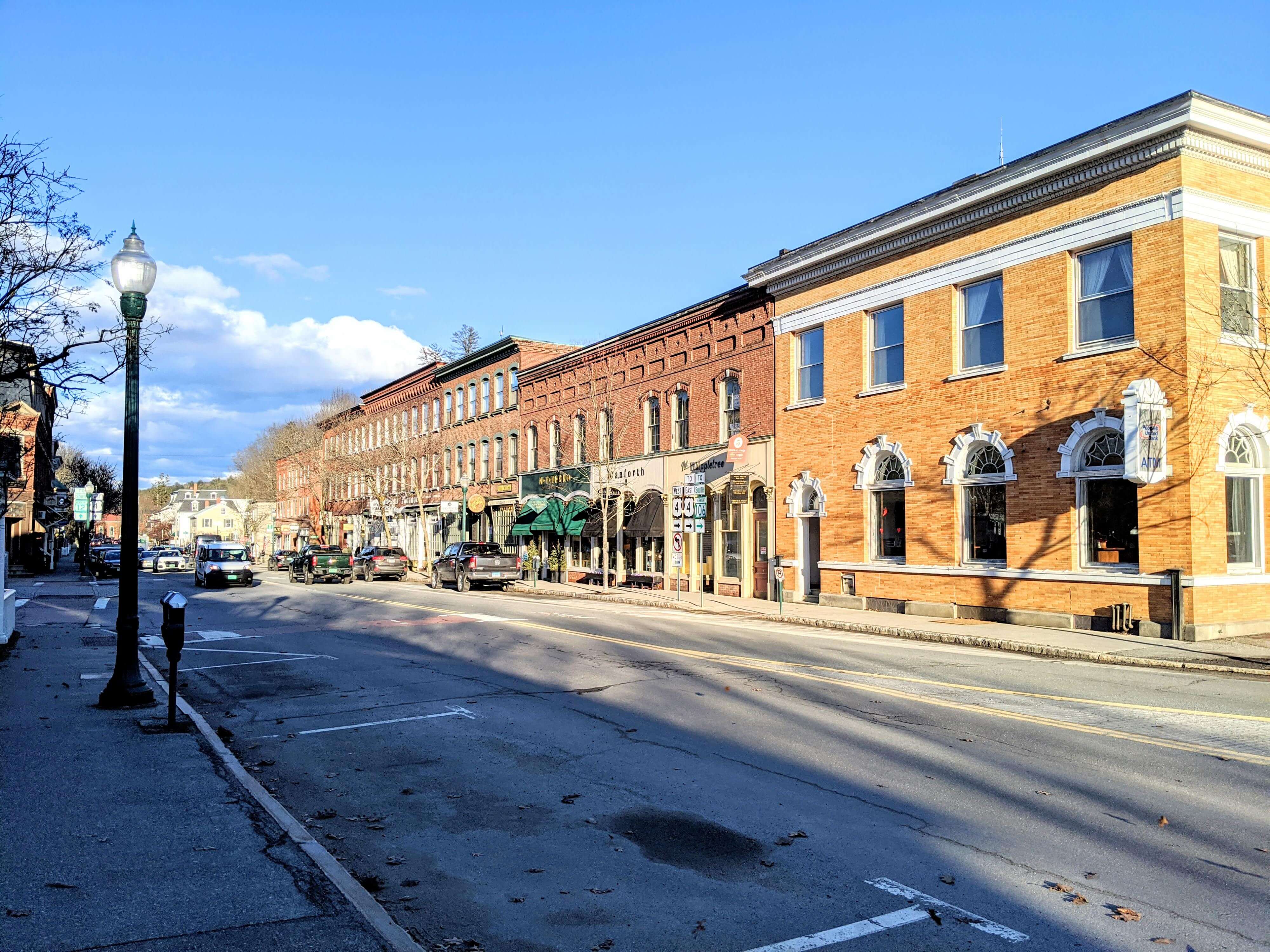 Woodstock village shops downtown in spring