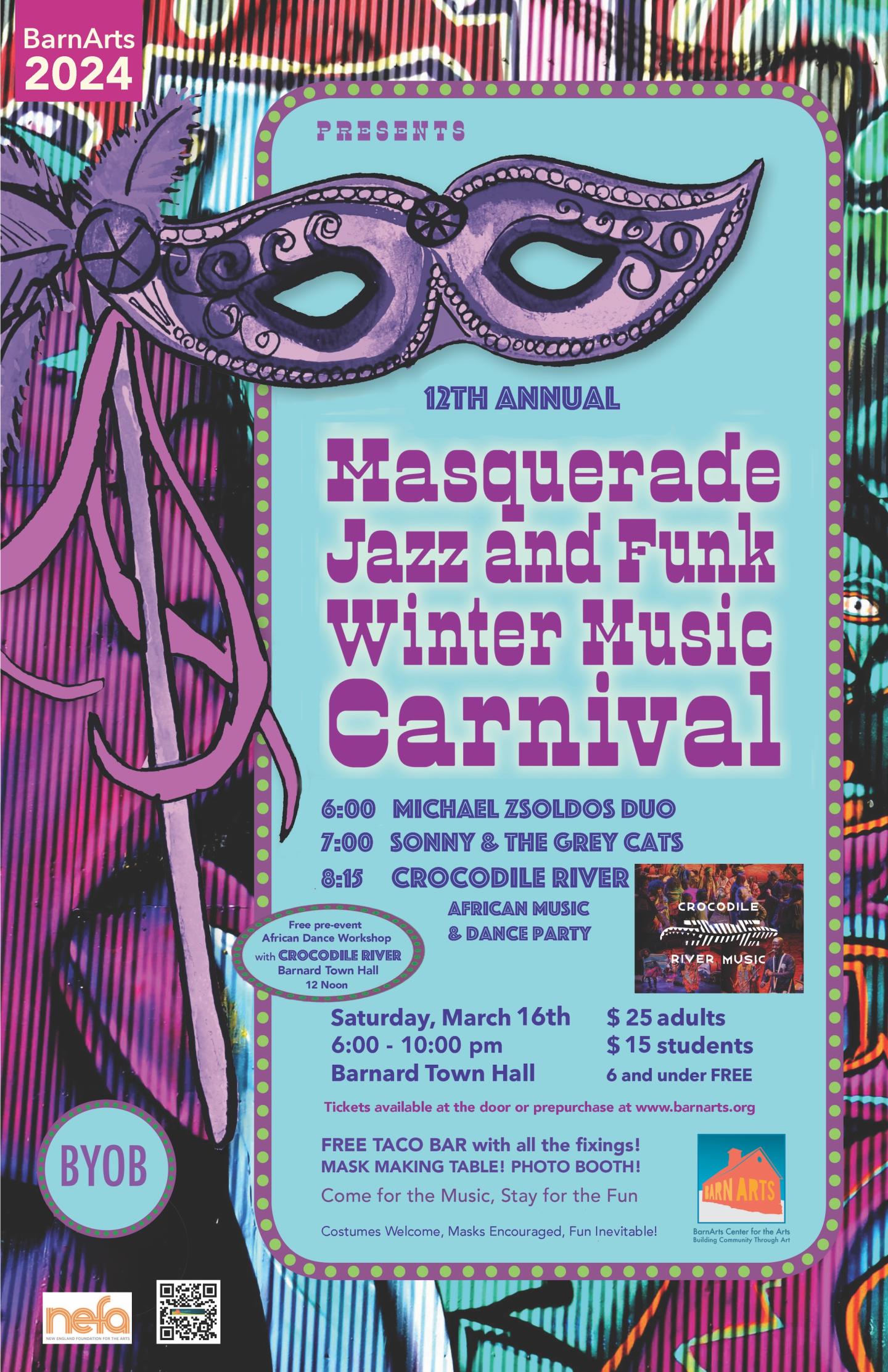 A poster with a hand drawn masquerade mask on a stick as the main graphic with the background a pattern of graffiti.