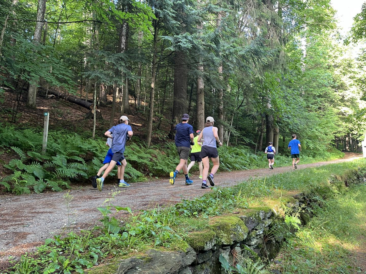 group of people runs down carriage road trail