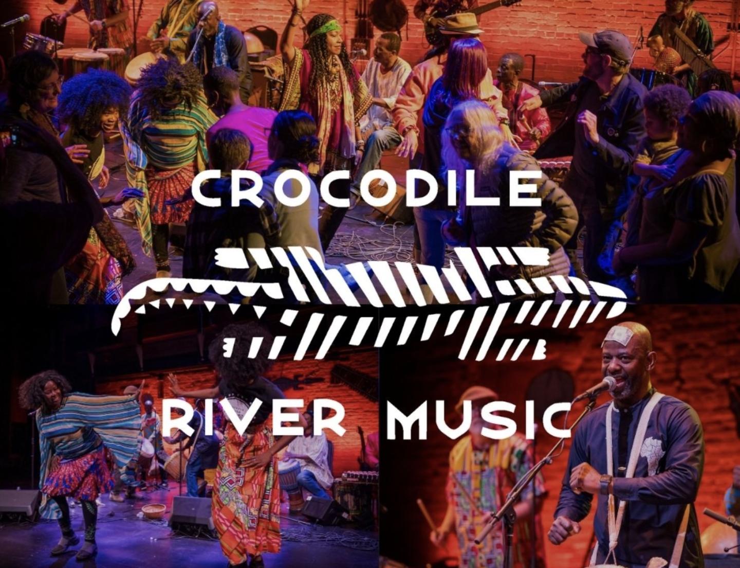 Four photos make up the background with the band performing. In front is their logo - a stylized crocodile made up of lines with "Crocodile" above and "River Music" below it.