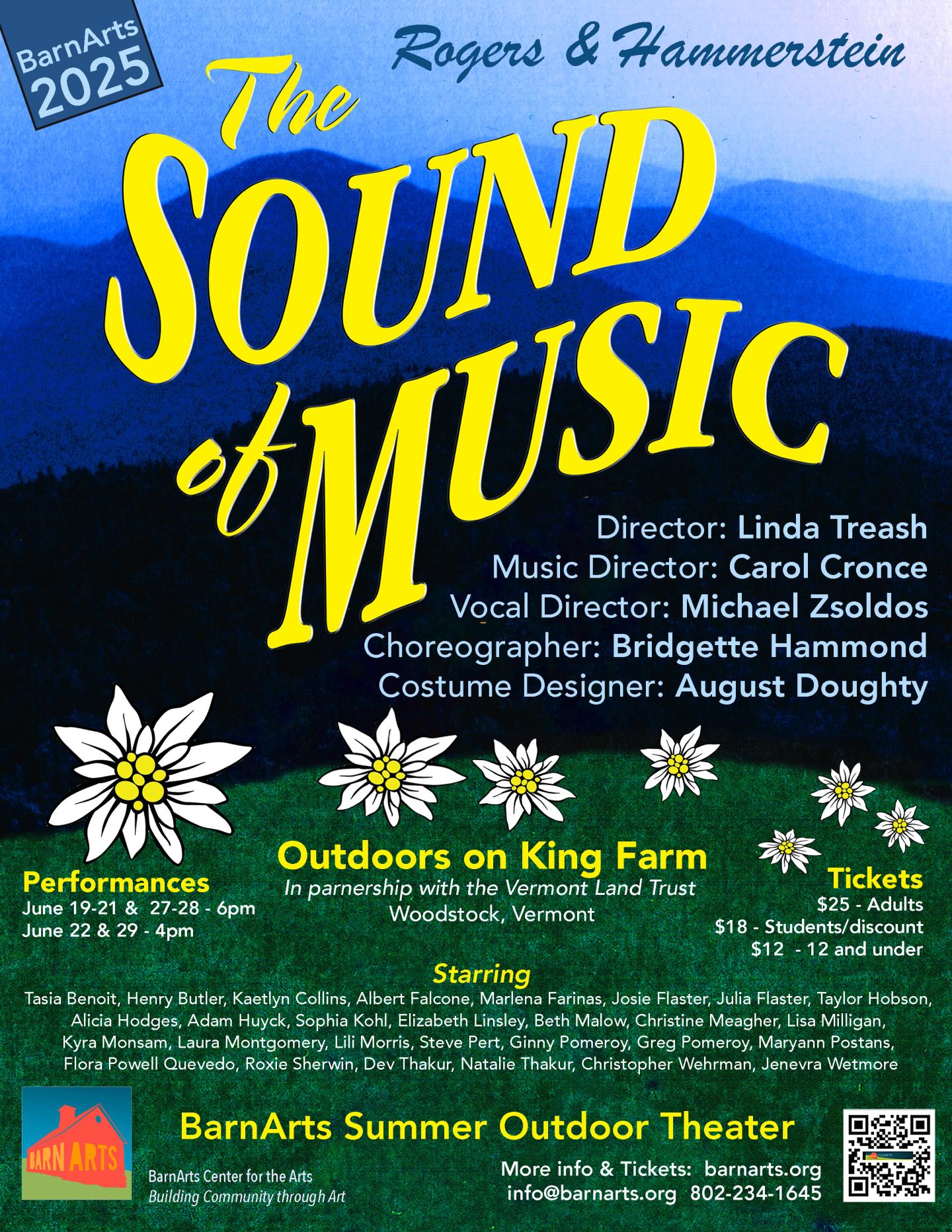Poster with the The Sound of Music logo in front of mountains in the distance. There are 7 white flowers above the details for the performance.