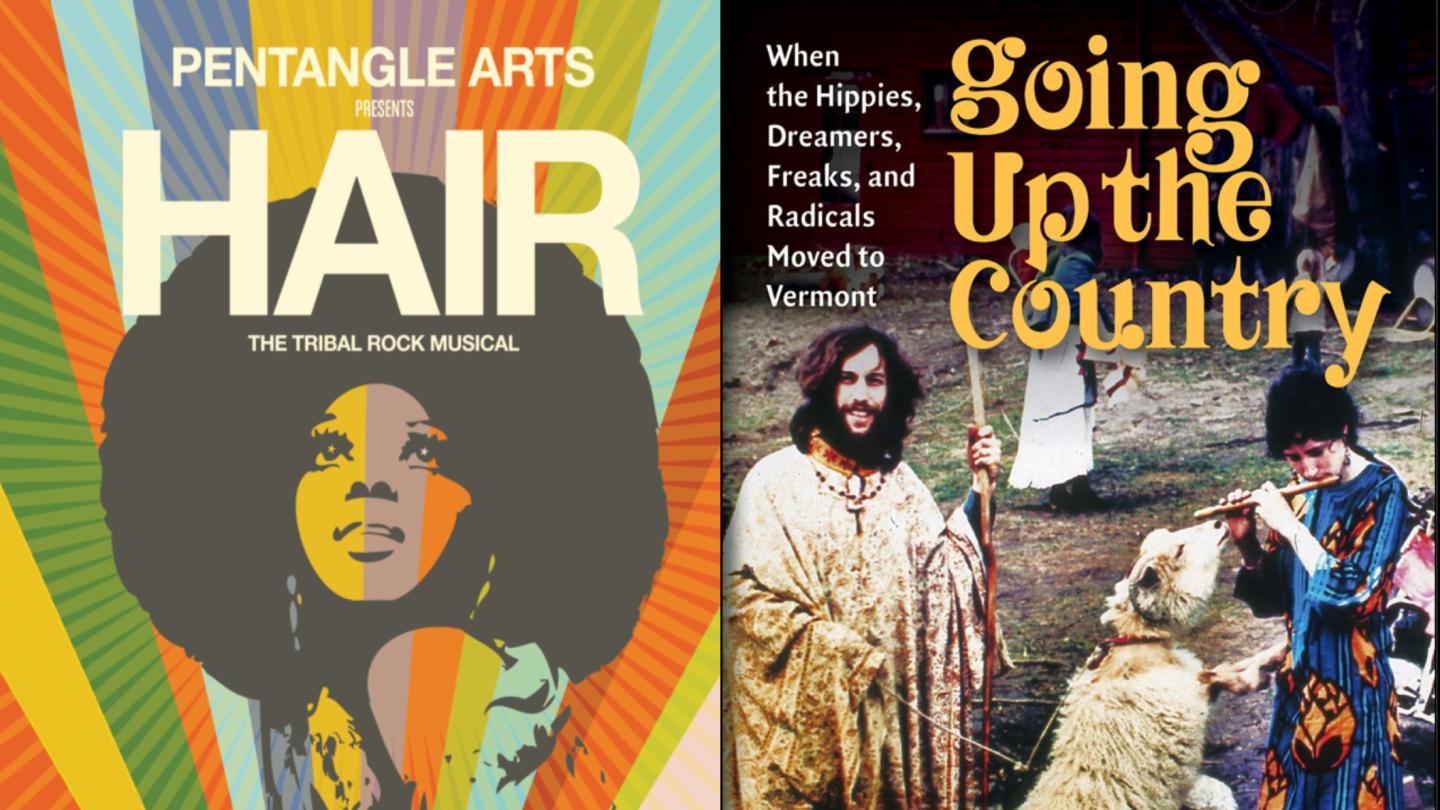 Going Up the Country book cover shown next to Pentangle Arts poster image for Hair: A Tribal Rock Musical