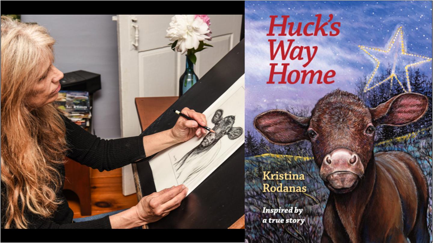 Author Illustrator Kristina Rodanas draws at her table next to an Image of the cover for Huck's Way Home.