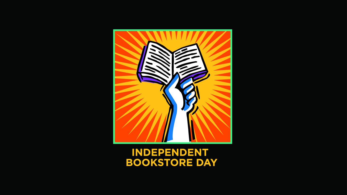 Hand holding a book Official Independent Bookstore Day Logo