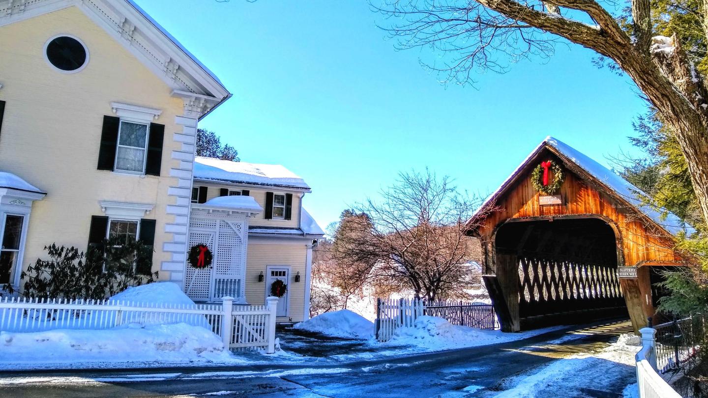 Brighter middle covered bridge in snow