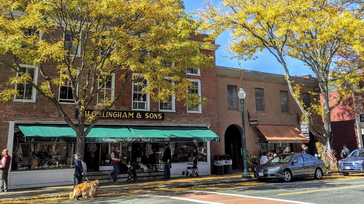 Elm Street shops fall foliage Gillingham's 