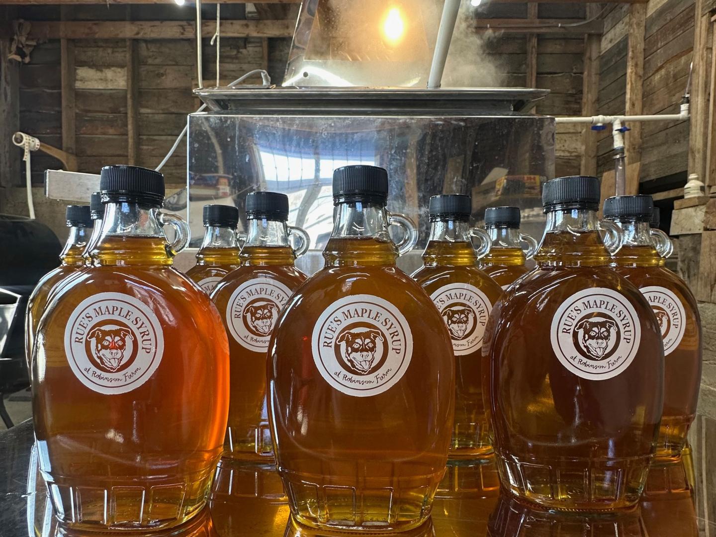Glass bottles of Rue’s Maple Syrup labeled with a dog illustration, displayed in front of a steaming evaporator inside the rustic sugarhouse at Robinson Farm.