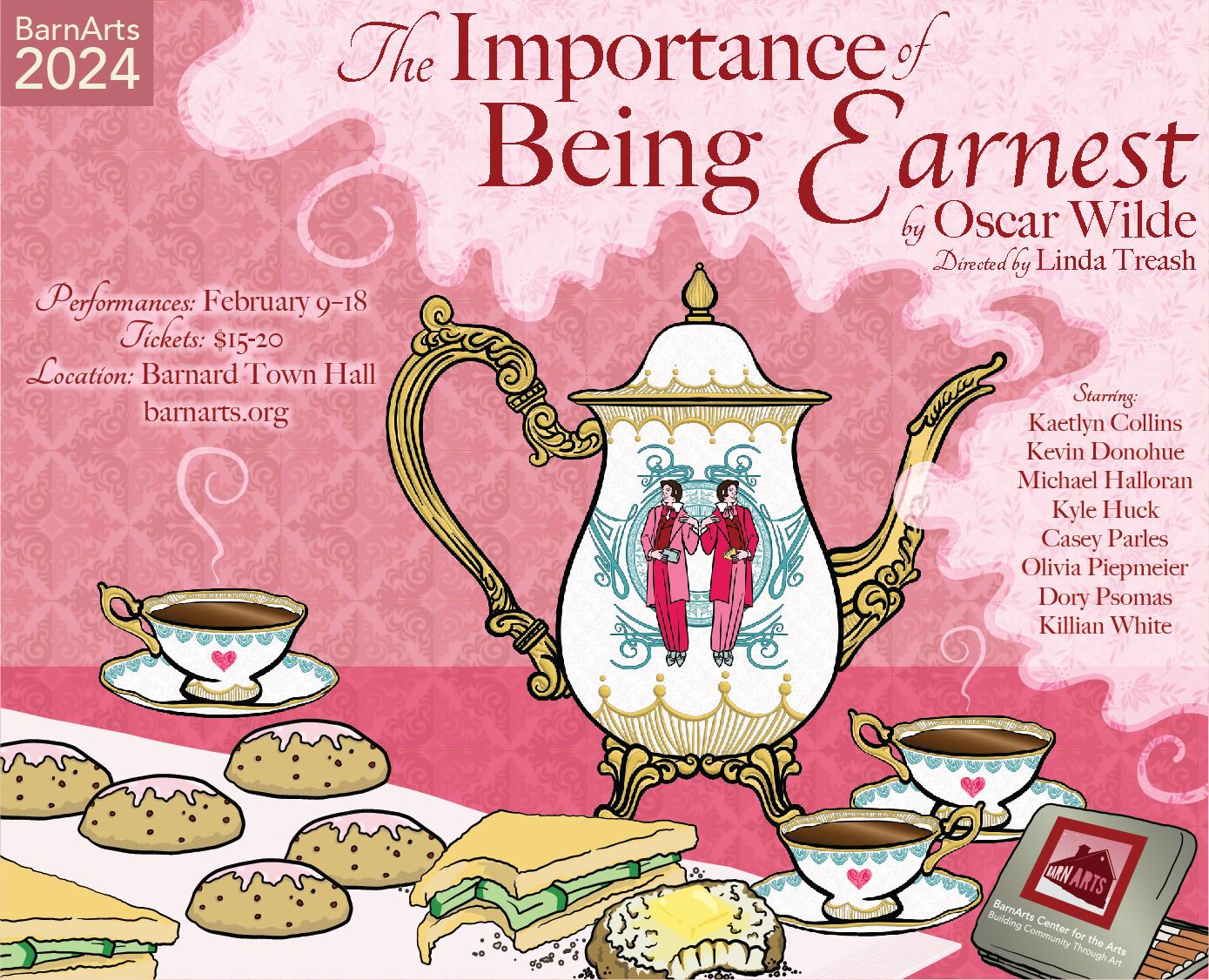 A small poster for the play. A graphic of a detailed teapot with ornate handle, spout, and feet steams the play title along with by Oscar Wilde, Directed by Linda Treash, and the cast list from the top right to near the bottom. There are two similar looking people on the teapot, mirror images of each other as one holds a sandwich and one holds a cigarette case. On the table below are three cups of tea, several tea cakes, cucumber sandwiches (one partially eaten) and an English muffin that's been eaten.