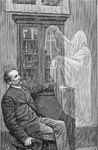 Grey toned picture of an old fashioned man seated with a ghost hovering next to him.