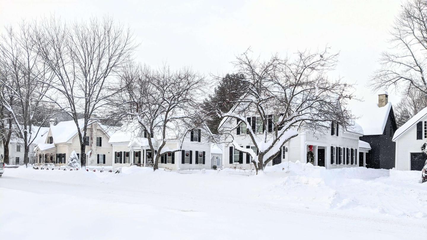 Woodstock village homes in snow winter