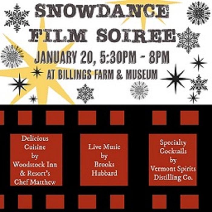 Poster with black and red squares, grey snowflakes, yellow stars.