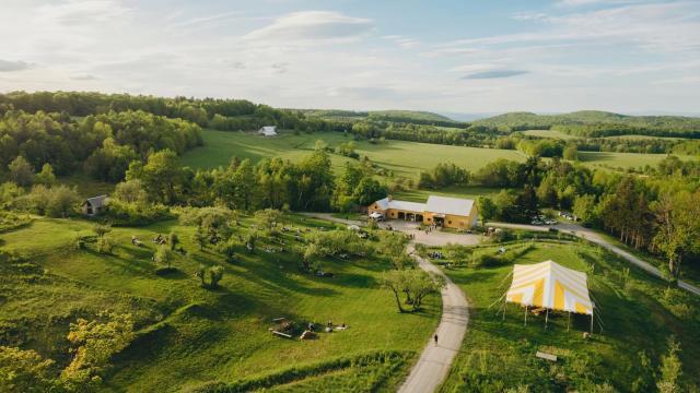 Aerial drone shot of feast and field concert series at Fable Farm.