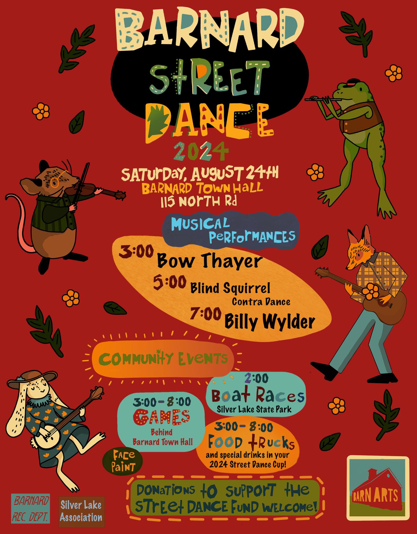A poster with illustrated animals (frog, fox, rabbit, and mouse) playing instruments around the information about Street Dance (essentially the same info in the listing!)