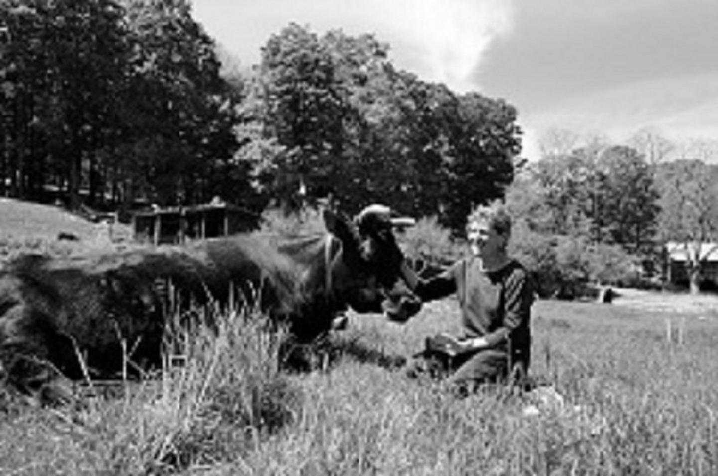 Black and white phot of a female farmer in a field with a cow.