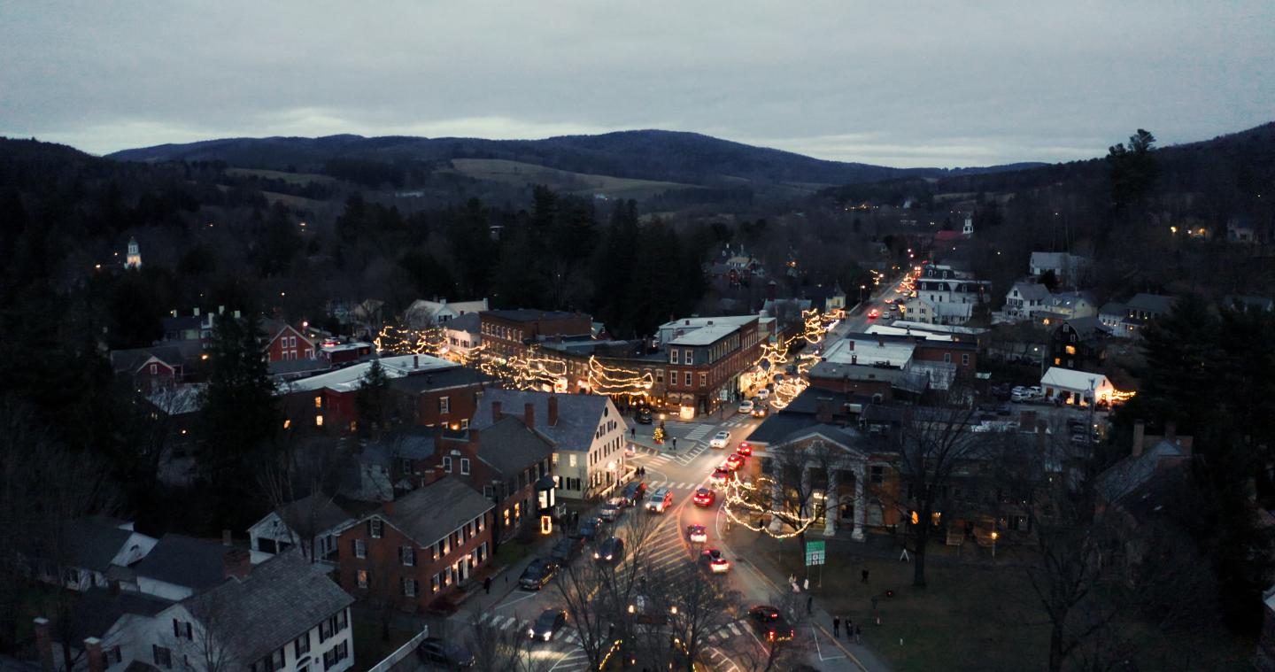 The Town at sundown; Wassail Weekend in Woodstock Vermont