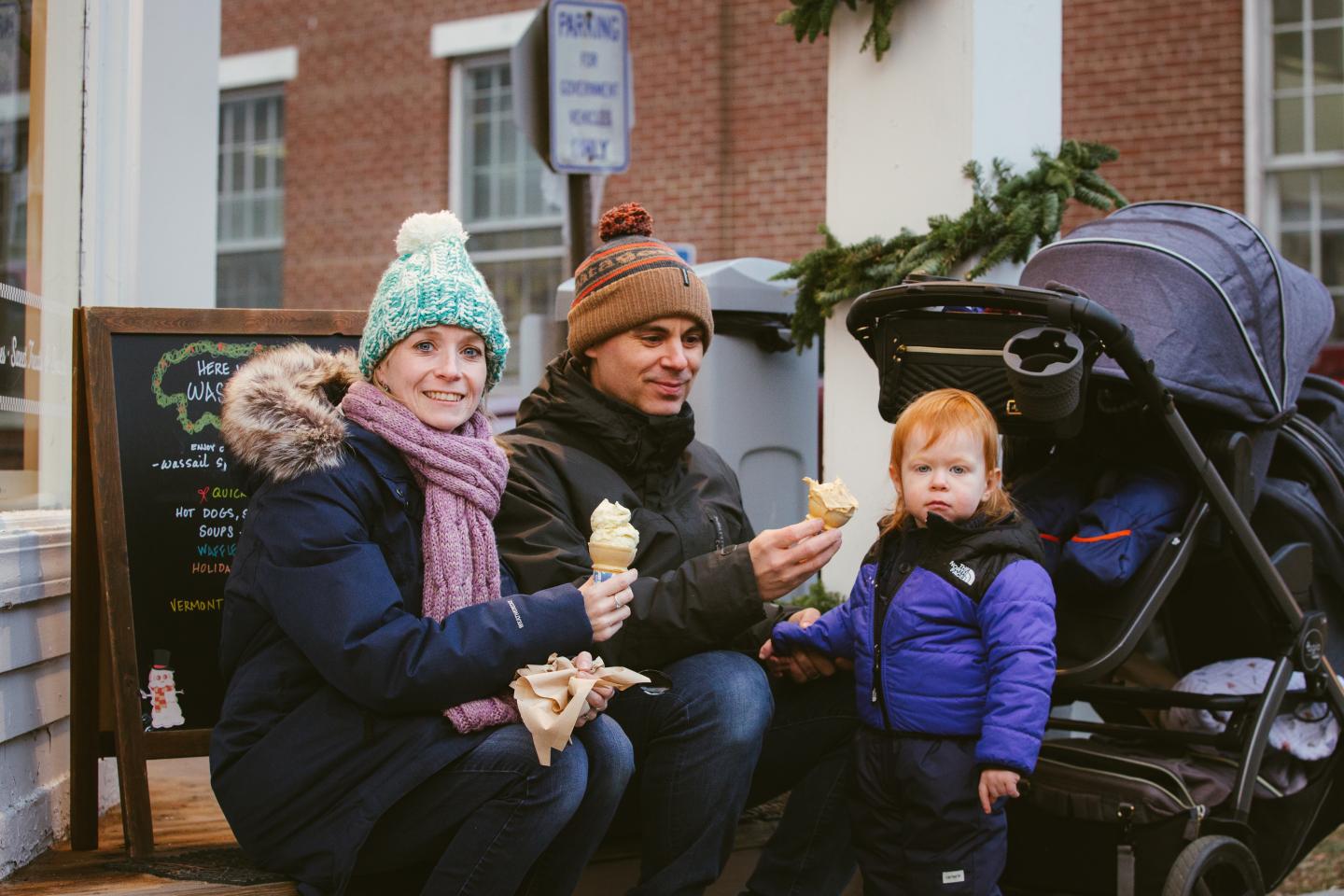 Wassail Weekend in Woodstock Vermont; family with ice cream
