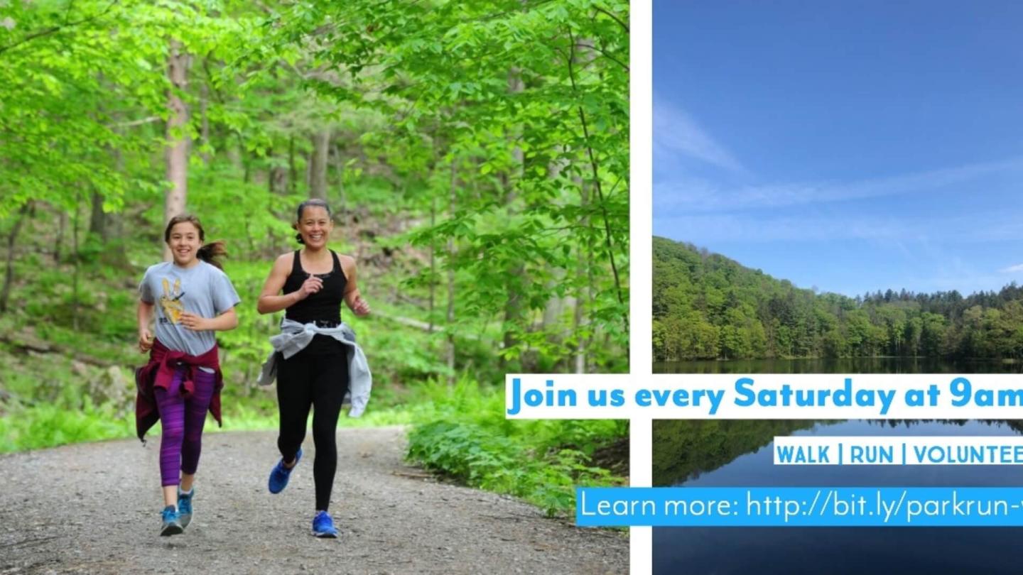 Two runners with text inviting folks to join parkrun every Saturday at 9am at Marsh-Billings-Rockefeller National Park