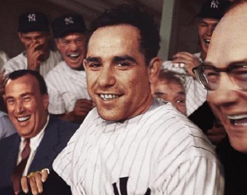 Baseball player, Yogi Berra, smiling men dressed in suits as well as other baseball players in the background.