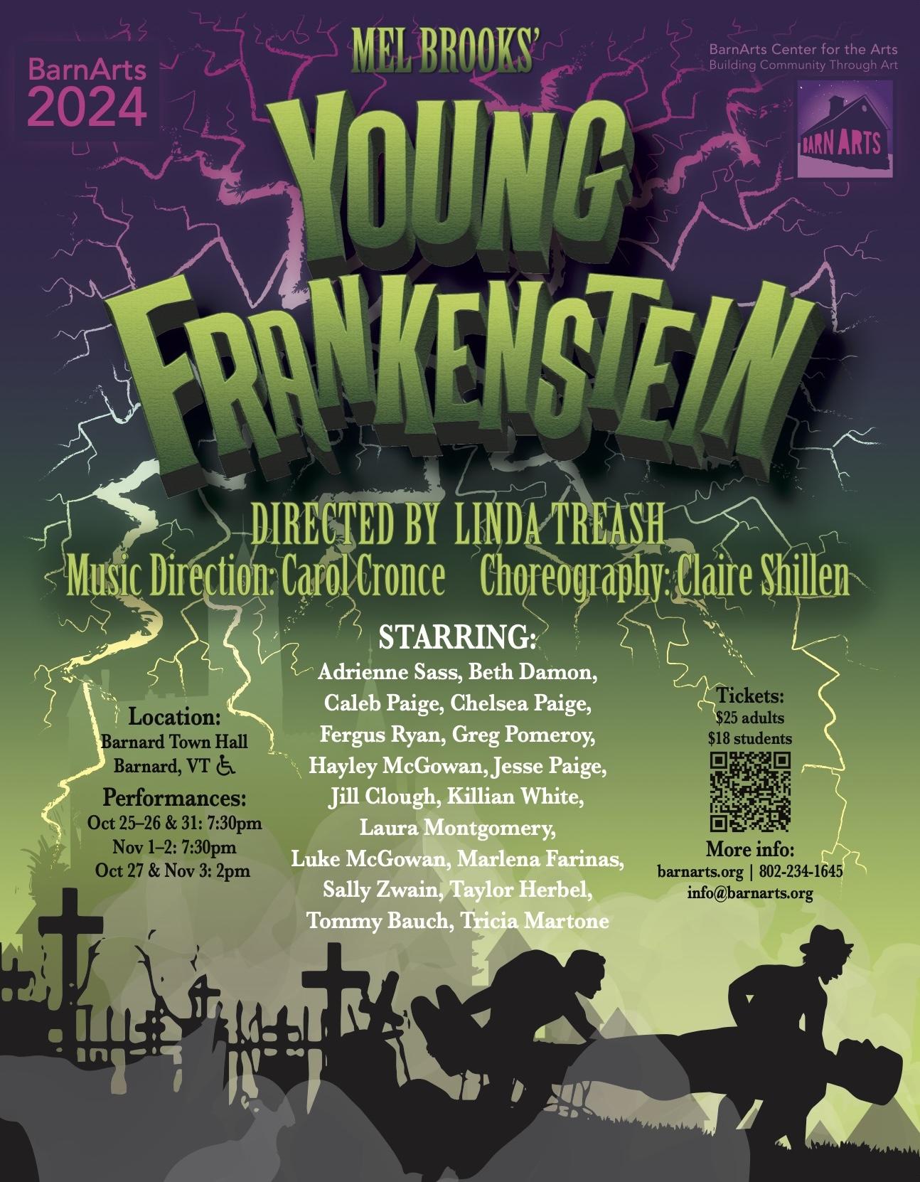 Poster for Young Frankenstein. The imagery is with lightening at the top of the poster, starting purple changing to green. There's a shadow of a castle in the background with, in black and white, a graveyard and a person with a hunchback helping a someone carry a very tall body (all in shadow).