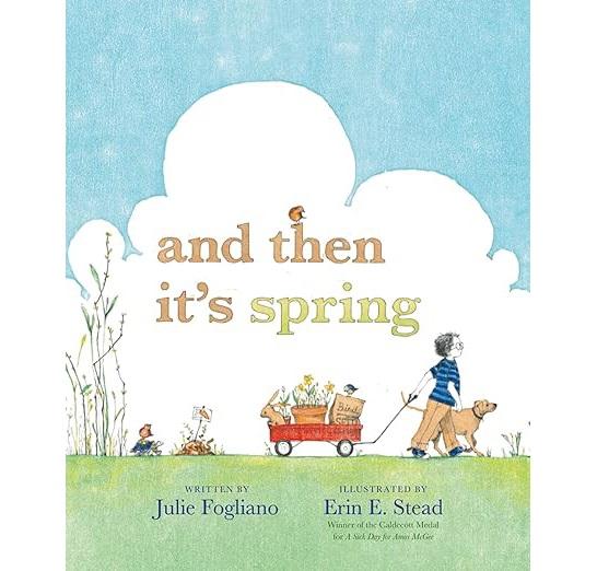 Cover of a children's book with a child pulling a red wagon with plants in it.
