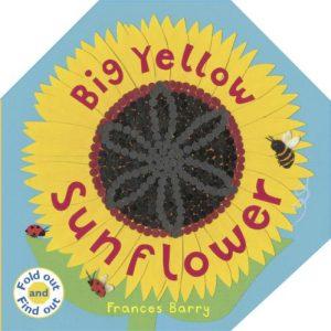 Book cover of Big Yellow Sunflower. Blue background with yellow flower, a bee, and ladybugs.