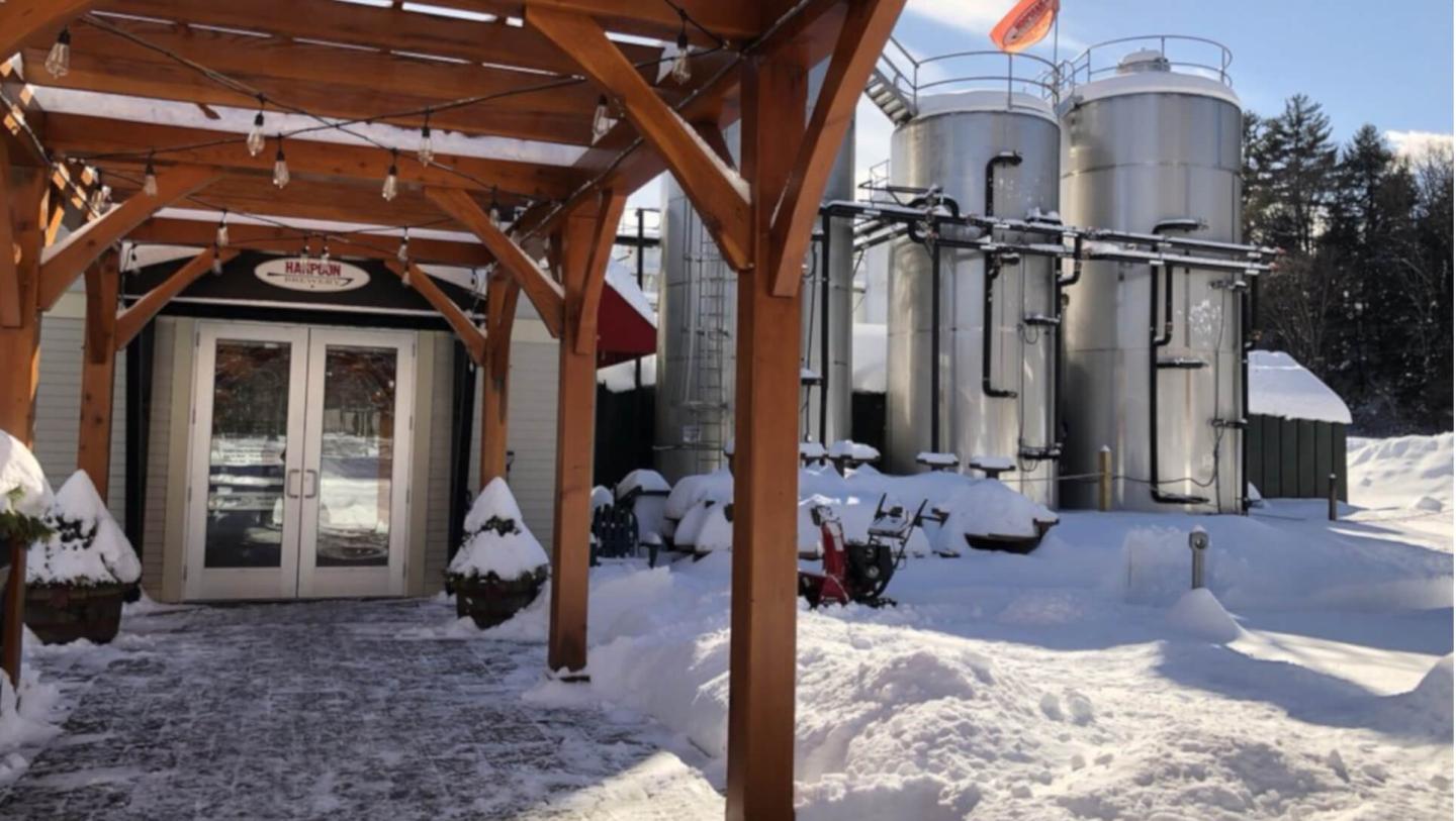 The exterior of Harpoon brewery in winter