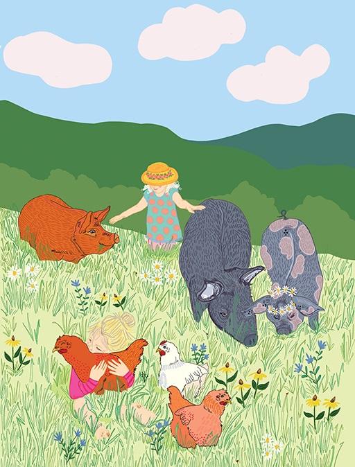 painting of pigs and chickens in a field with two girls and mountains and clouds in the background