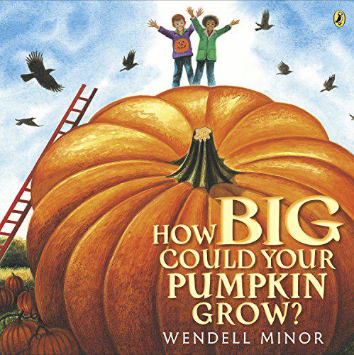 Book cover with a very large pumpkin with two kids standing on top of it with crows in the sky and a ladder.