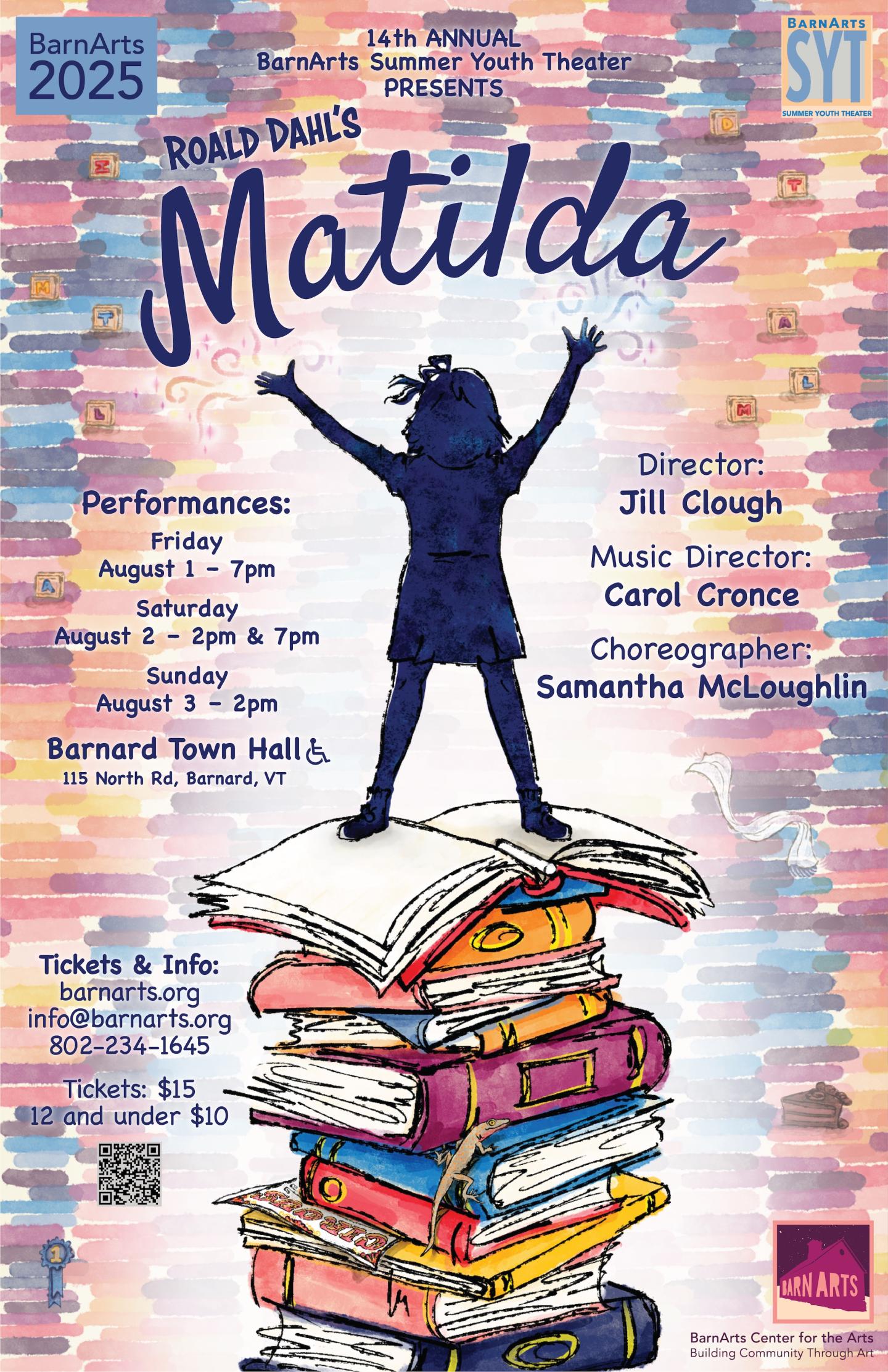 Poster for Matilda. The background appears to be piles of books in purples, blues, and yellows. In the forefront is a shadow of a girl standing proudly with her arms up on top of a pile of books.