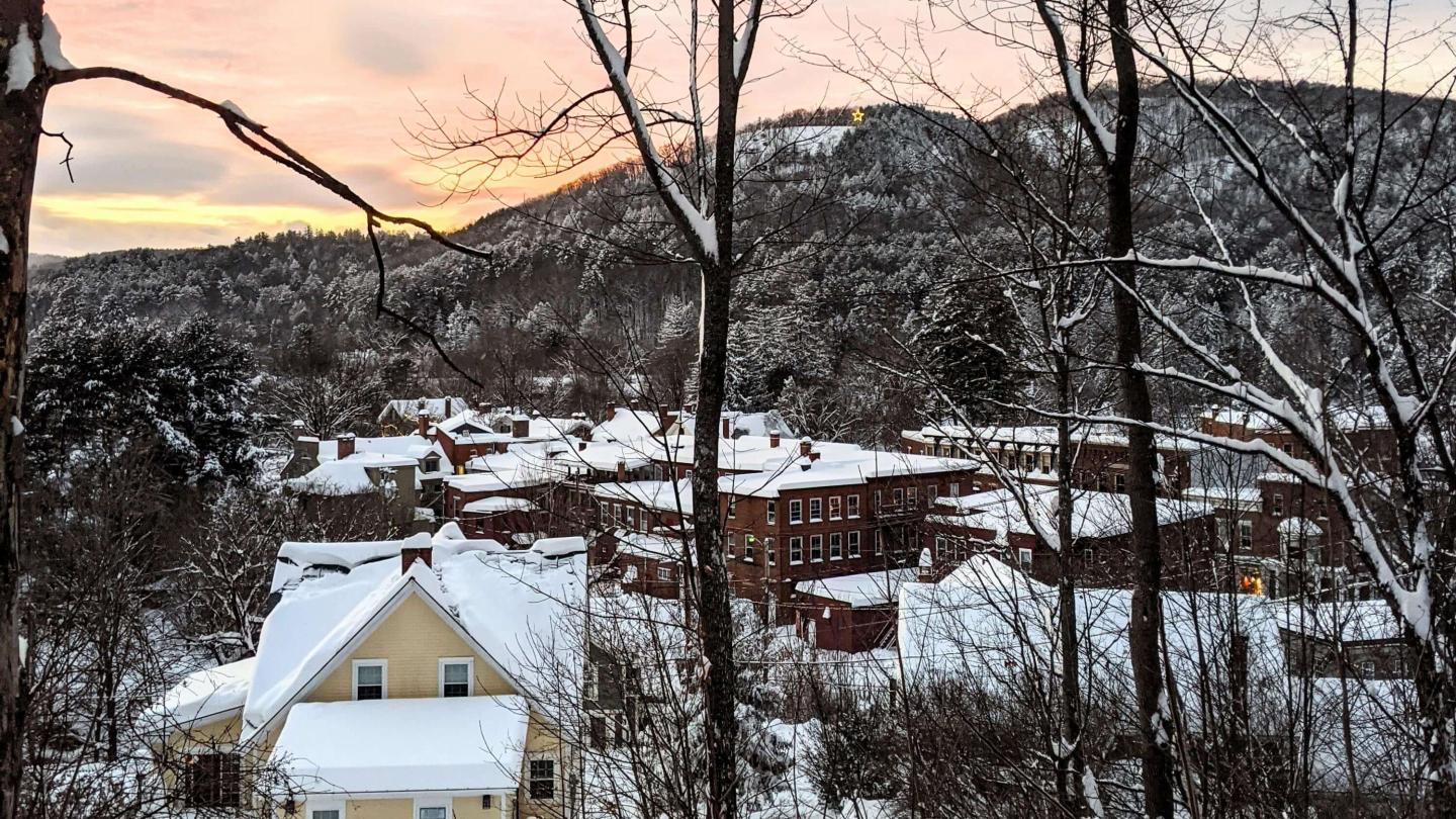 Woodstock village sunset in winter snow