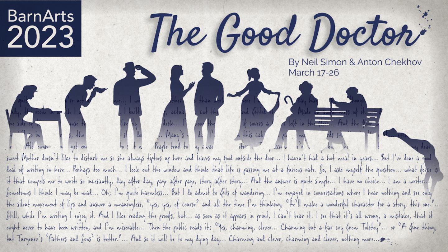 A graphic of 9 different characters in navy silhouettes - a writer at a desk, someone blowing their nose, someone tipping their hat, two people talking, someone curtsying, two people at a bench, and someone diving off the side.