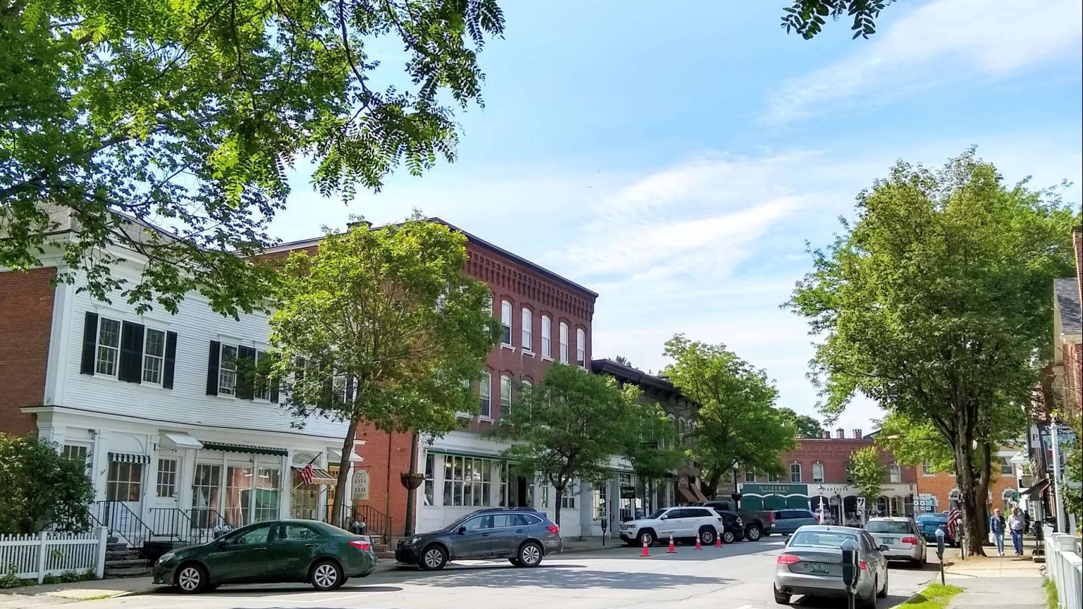 Elm Street shops in early summer
