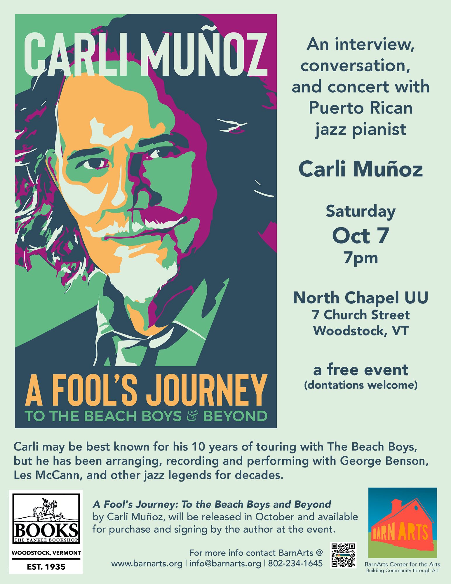 Poster for event with book cover of musician with colorful graphic of face