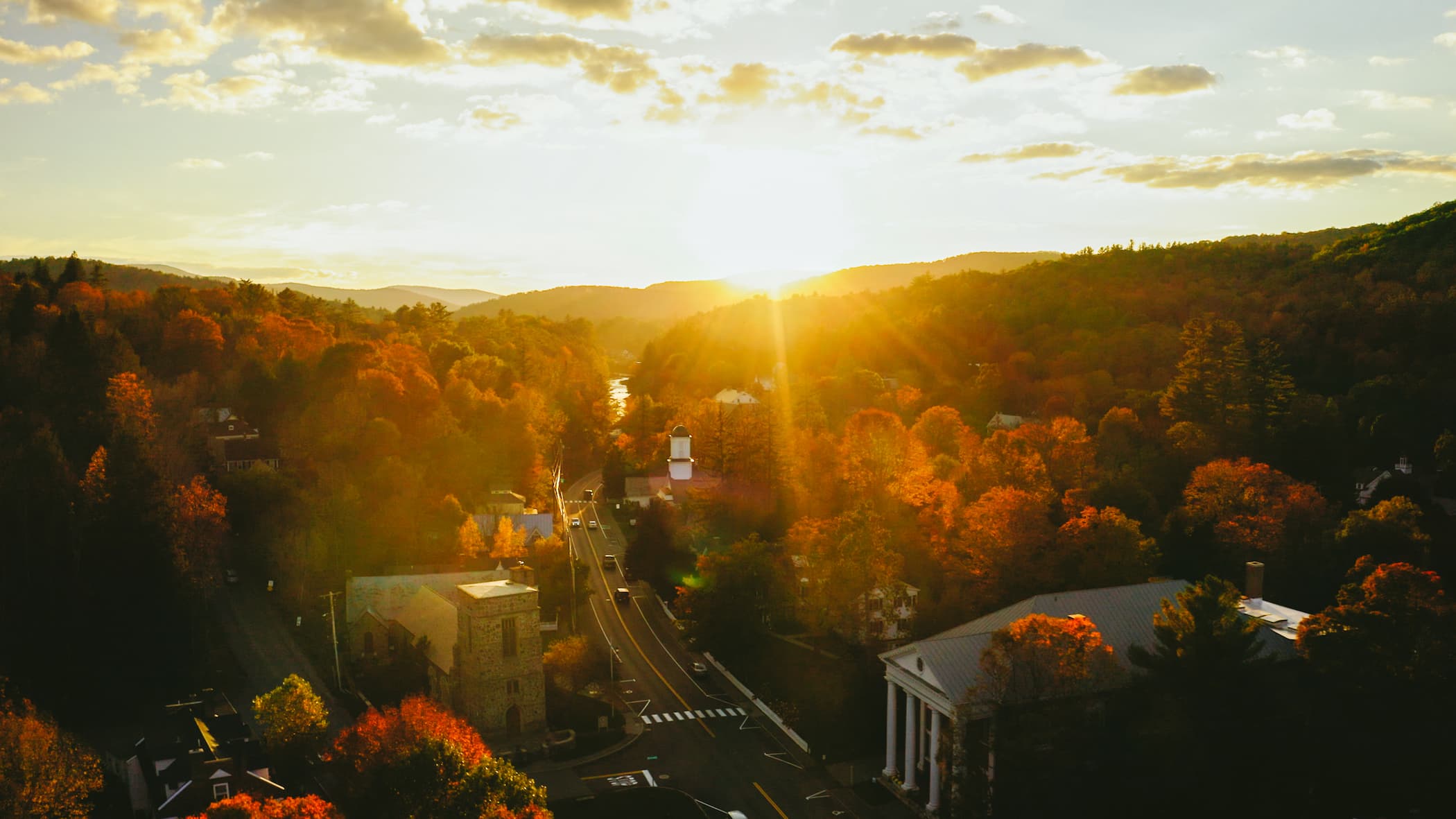 Drone shot of Woodstock in the fall