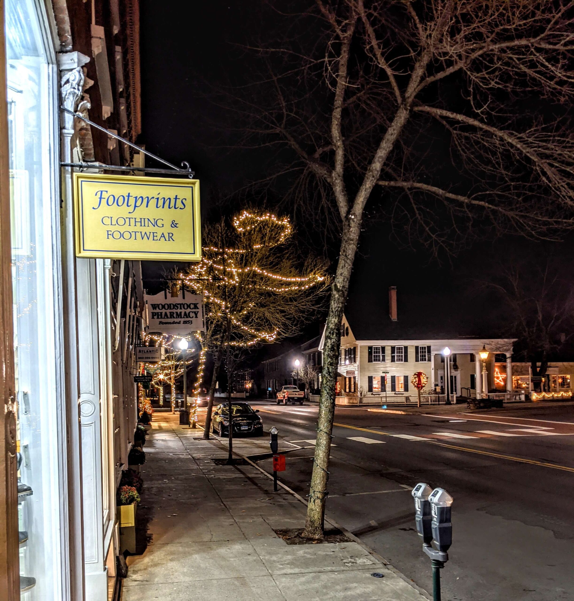 Village shop with holiday lights