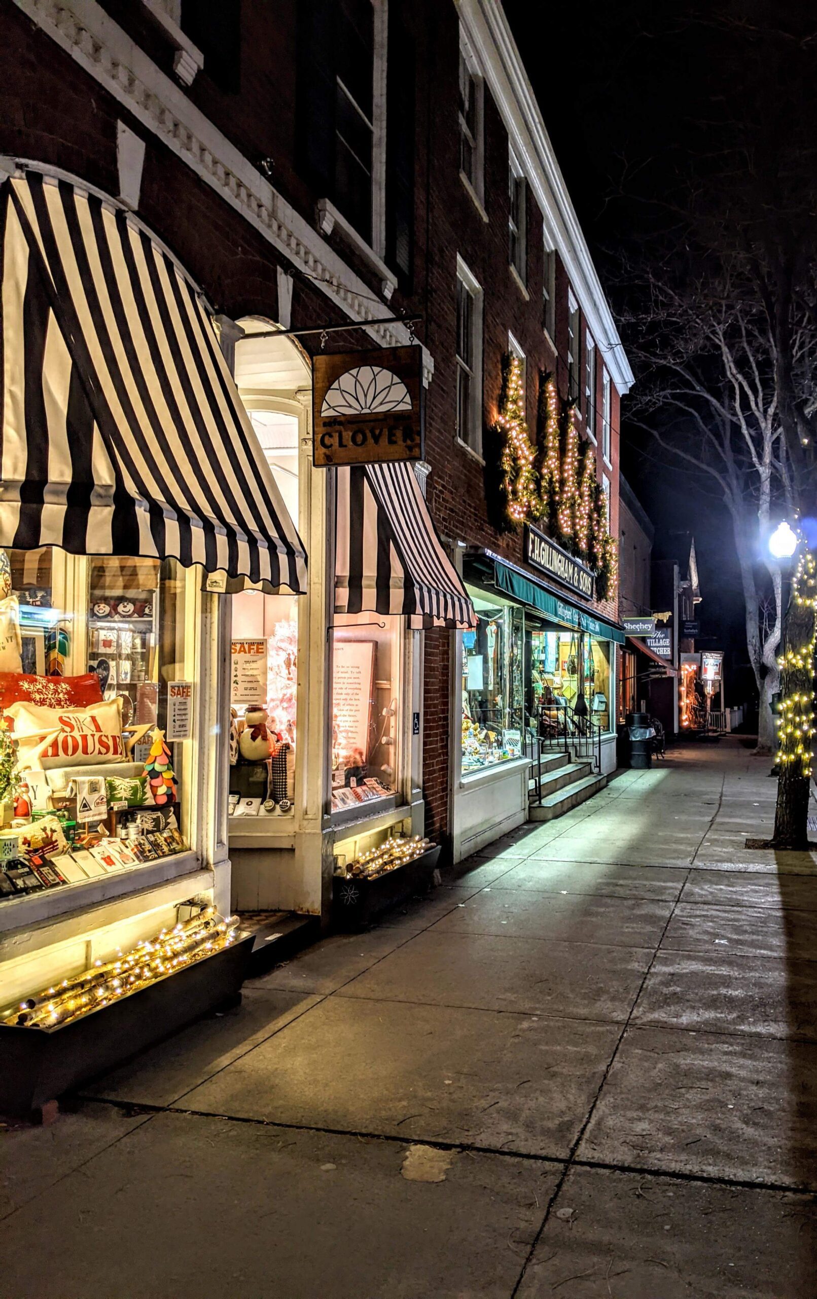 Clover Gift Shop and Gillinghams in holiday lights November