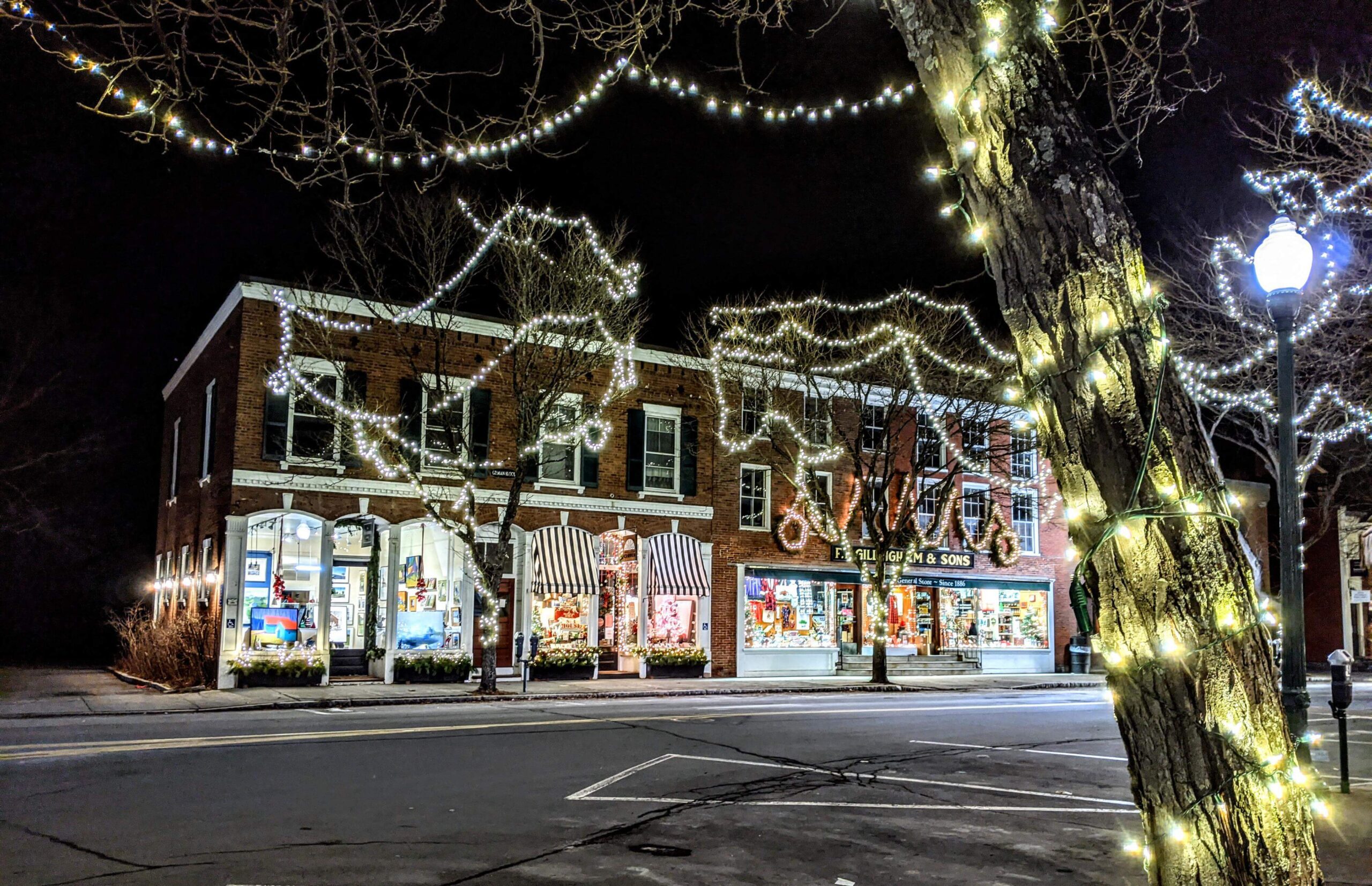 Elm Street shops in holiday lights