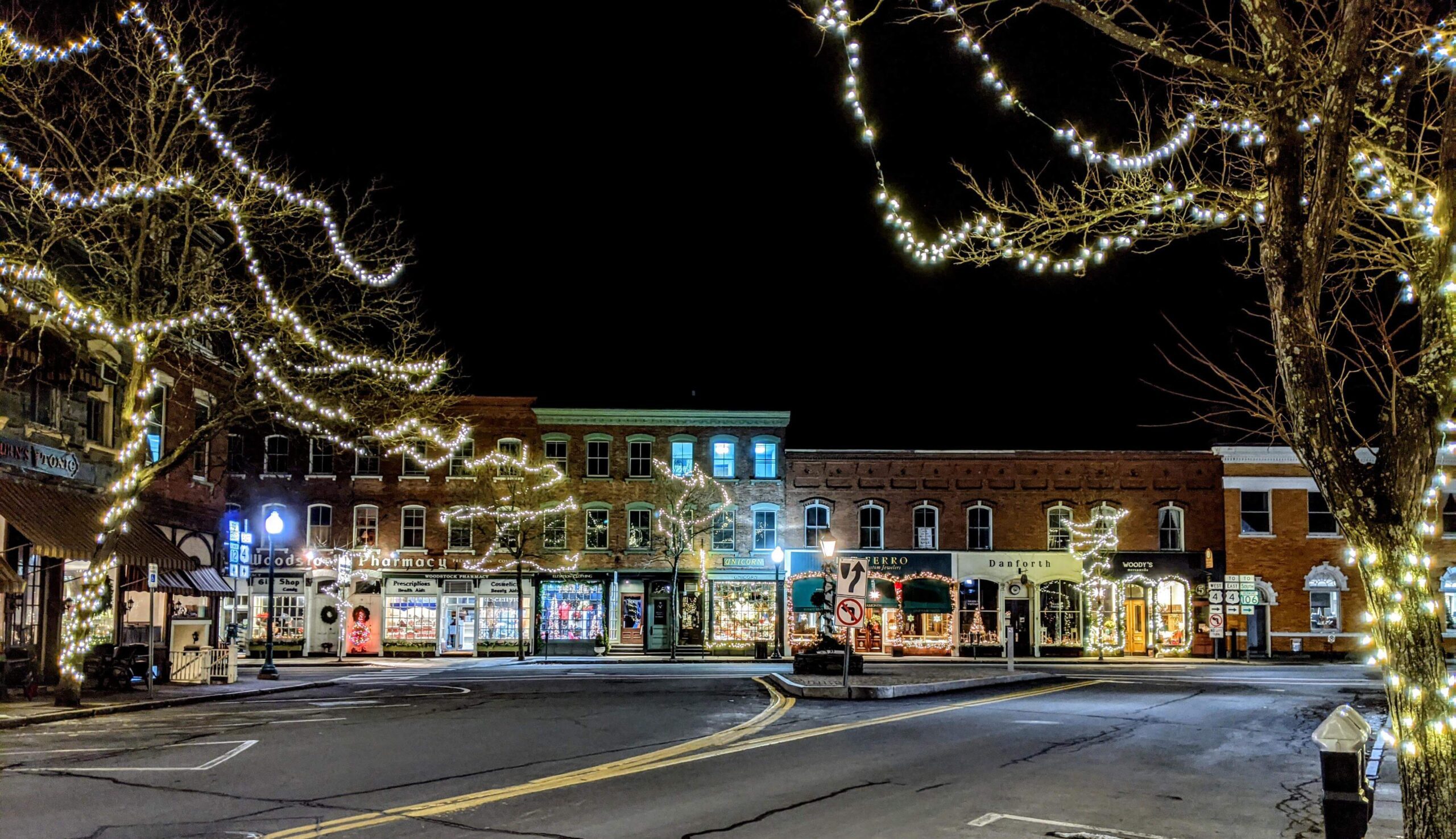 Woodstock decked in holiday lights
