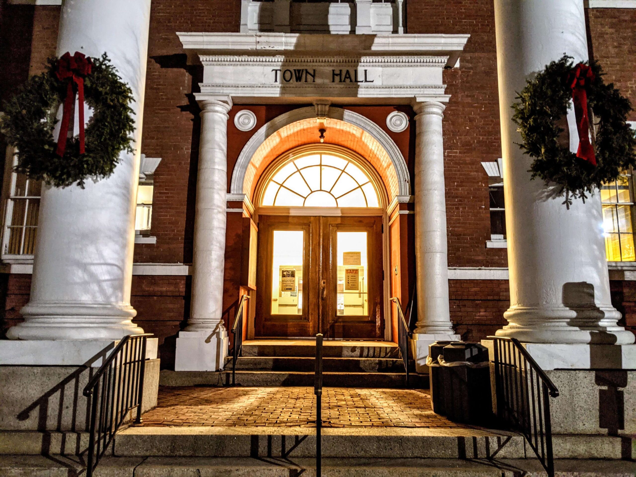 Holiday decorations at the Woostock Town Hall Theatre