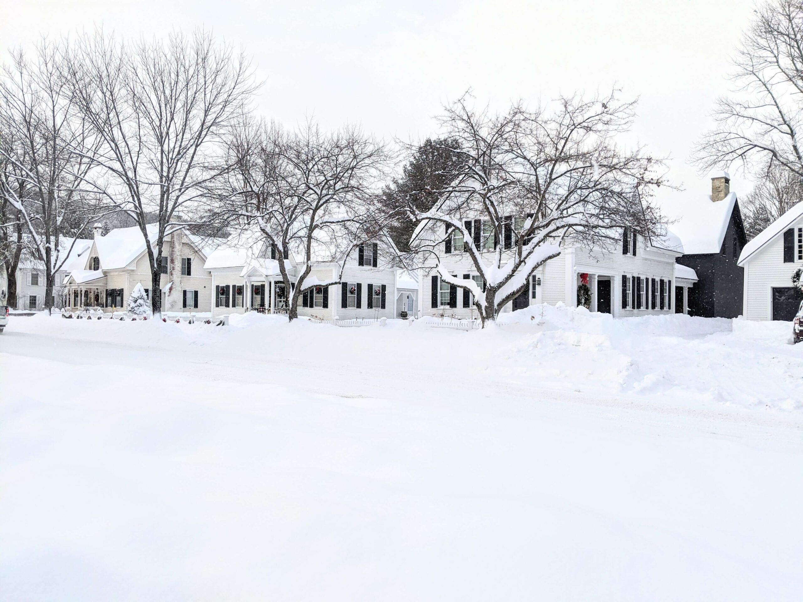 Woodstock village homes in snow winter
