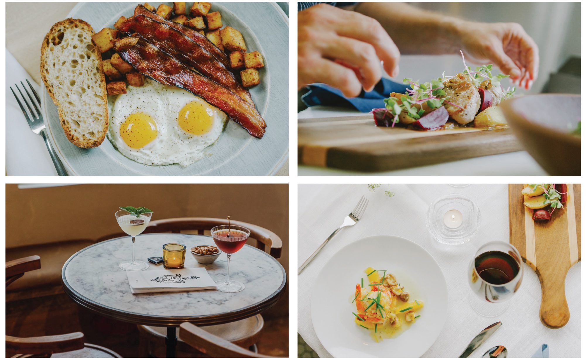 four photo collage of food / cocktails