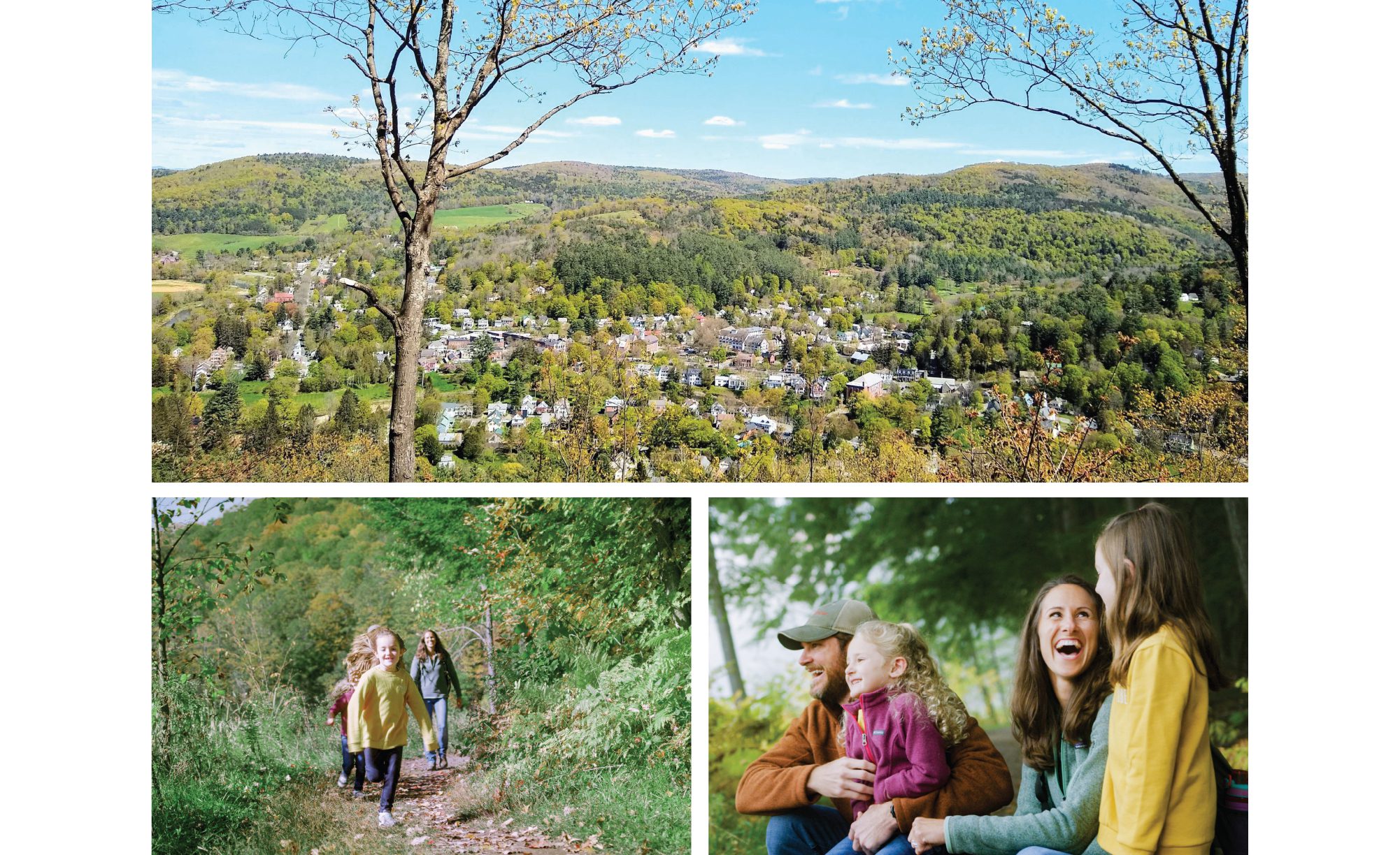 three picture collage of group hiking