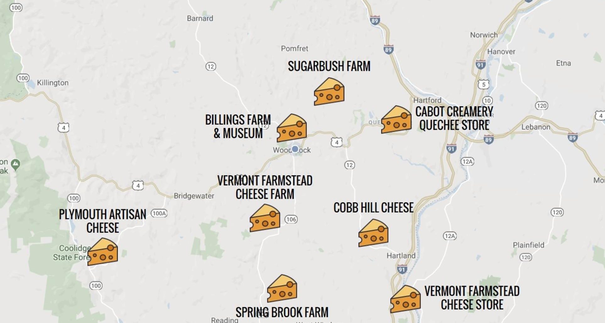 Map of the area around Woodstock with cheese icons as pins for locations
