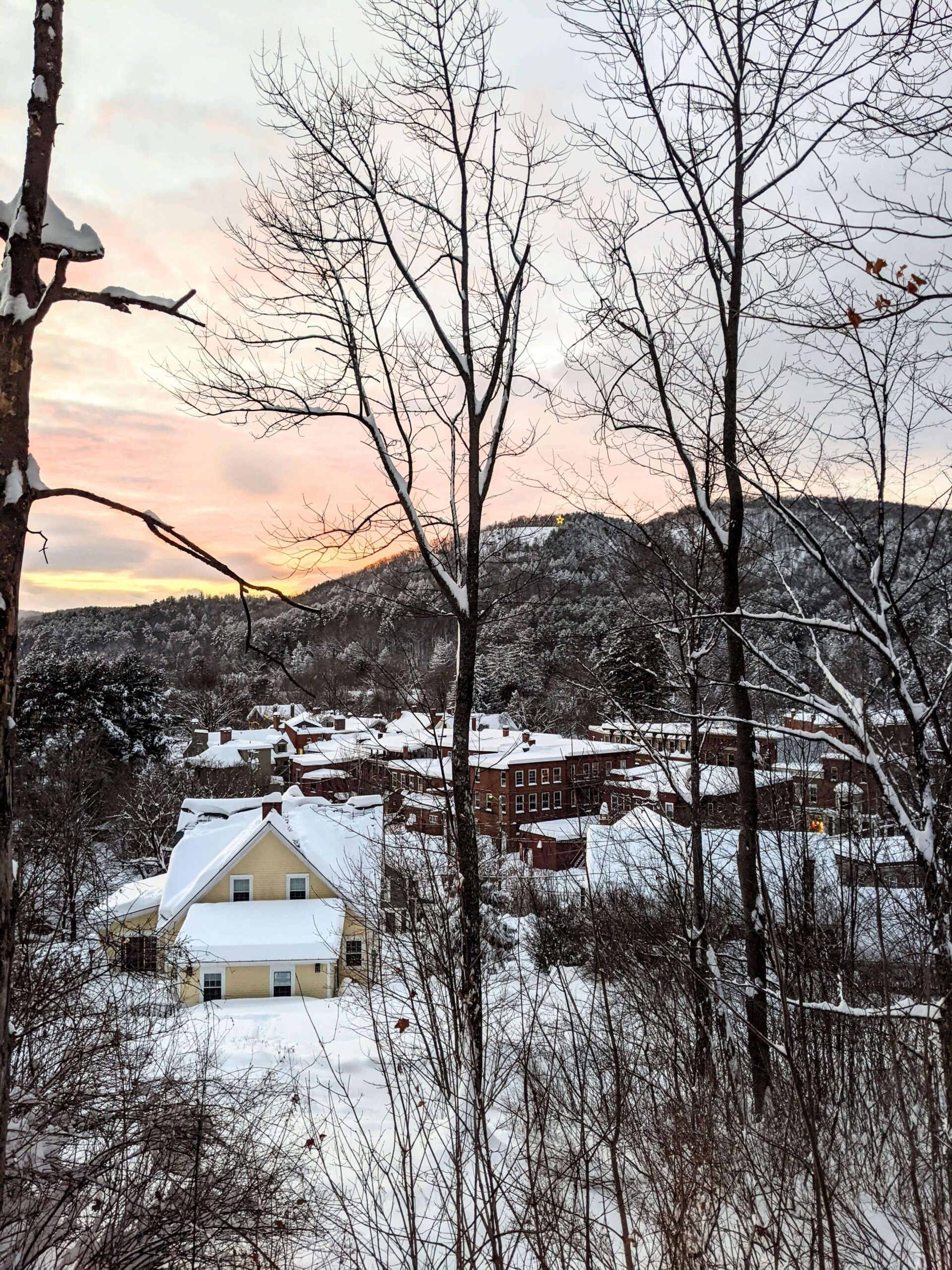Woodstock village sunset in winter snow